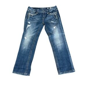 Miss Me Jeans Boot Womens Size 29x26 Blue Distressed Flap Whiskered Easy cropped